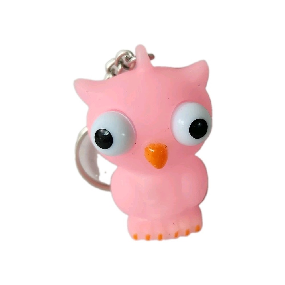 Owl Pink Rubber Squeeze Toy Eyes Pop Out Purse/Bag Charm Keychain Stress Cute 2"